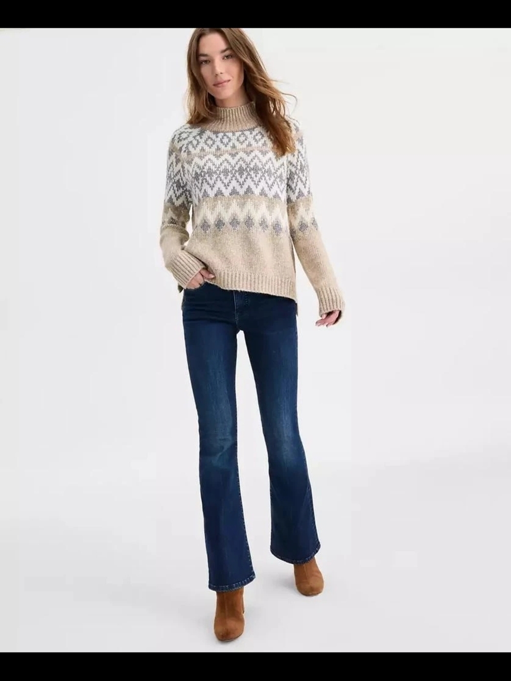 Lucky Brand Fair Isle Turtleneck Sweater in Beige and Cream - Picture 2 of 11